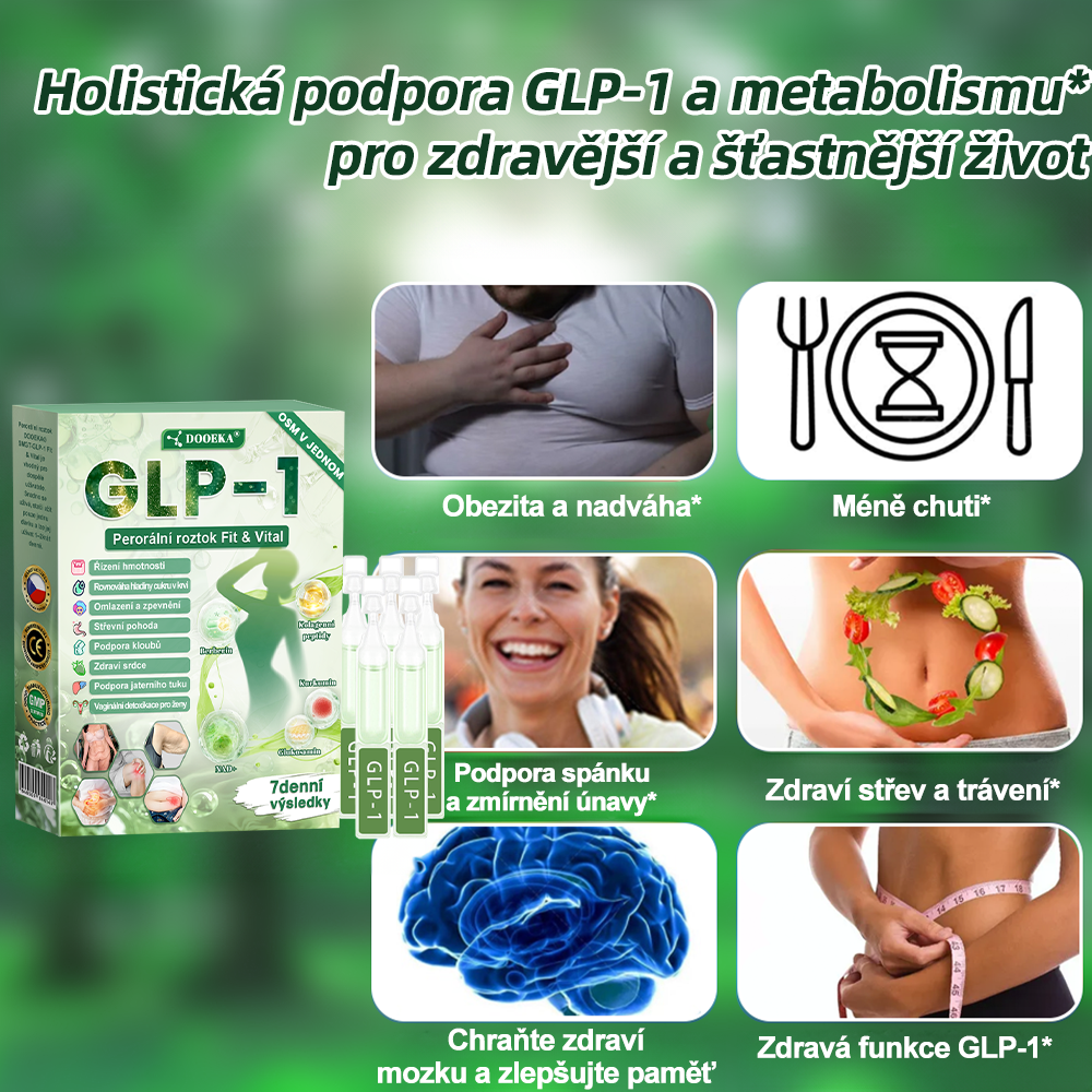 DOOEKA® GLP-1 8 v 1 Fit & Vital perorální roztok – ❖ jednou denně, viditelné změny za 7 dní / při obezitě, kardiovaskulárním zdraví, cukrovce, spánkové apnoi, zdraví střev, kloubních potížích a mnoha dalších stavech