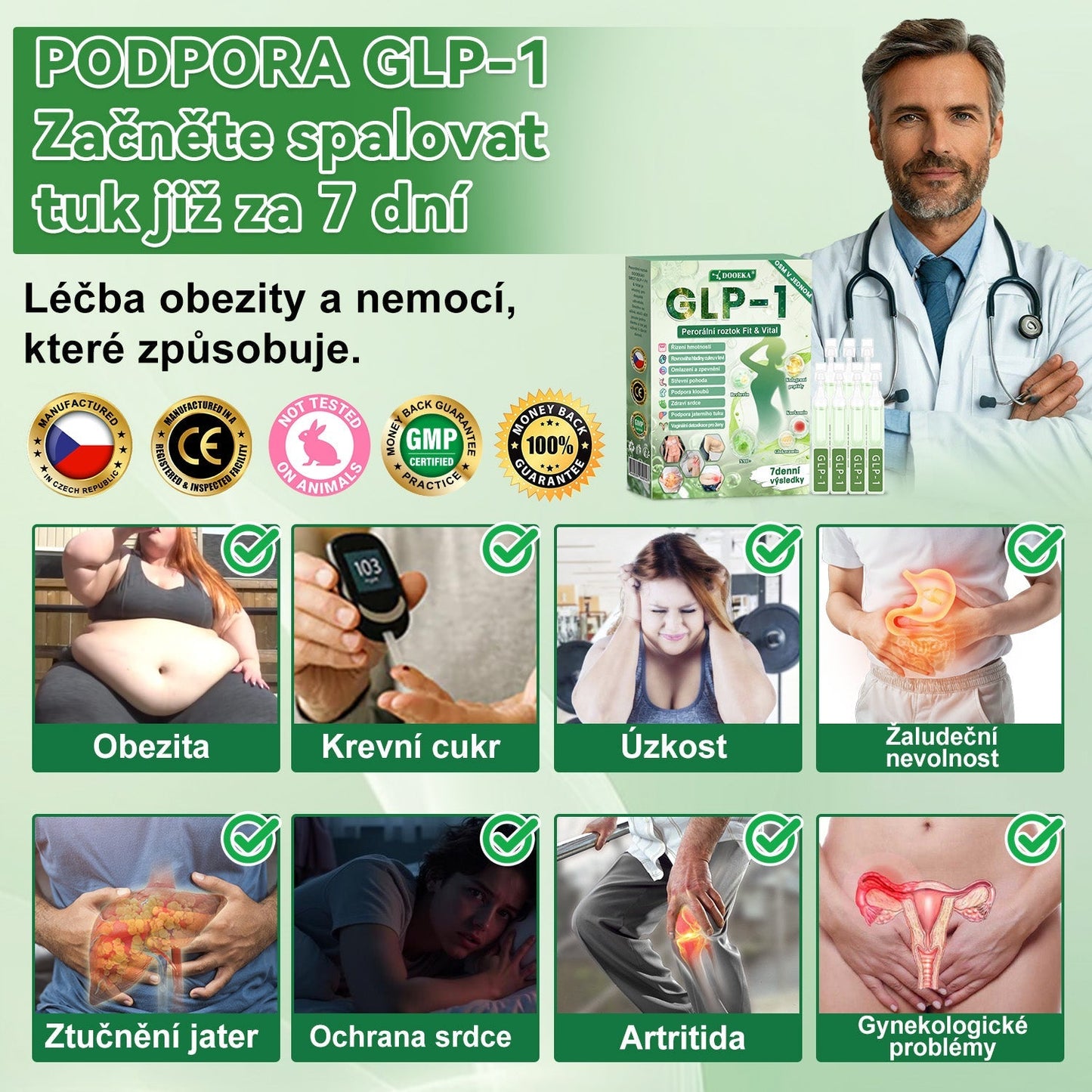 DOOEKA® GLP-1 8 v 1 Fit & Vital perorální roztok – ❖ jednou denně, viditelné změny za 7 dní / při obezitě, kardiovaskulárním zdraví, cukrovce, spánkové apnoi, zdraví střev, kloubních potížích a mnoha dalších stavech